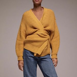 Zara mustard yellow front wrap tied knitted cardigan